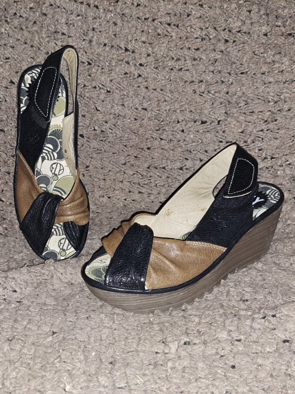 FLY LONDON-Yakin-Brown/Black Twist Leather Slingback Wedge-Sz 37-Excellent